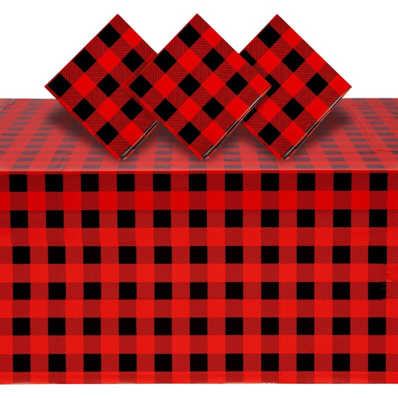 Blue Panda Buffalo Plaid Plastic Tablecloth Picnic Table Cover - 3 Pack 54 x 108 in Red & Black - Disposable Durable Decor for Lumberjack Party Decorations & Buffalo Theme Party - Image 1